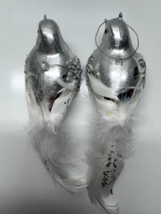 Lot of 2 Vintage Silver Glass Christmas Bird Ornaments Glitter White Feathers - $24.74