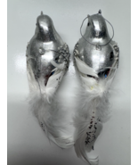 Lot of 2 Vintage Silver Glass Christmas Bird Ornaments Glitter White Fea... - $24.74