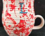Anthropologie L Monogram Mug Red Floral White Ceramic Handled Drink Coff... - $29.67