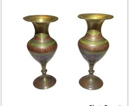 Vintage Antique Etched Engraved Handpainted Solid Brass 5.75” Vase Set I... - $41.15