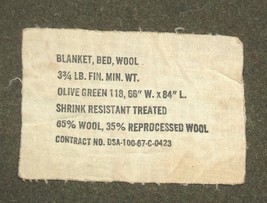 US Army wool bed blanket, good &quot;U.S.&quot; logo, spec tag DSA 1967, many repairs - $65.00