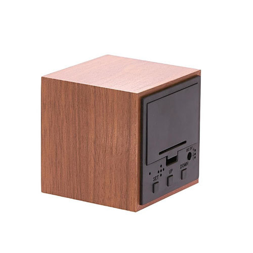 LED Wooden Cube Desk Clock w/ Temp/Date Display - Brown - Clocks