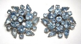 Vintage Large Pale Blue Rhinestone Silver Stone Clip Earrings C3690 - £39.01 GBP