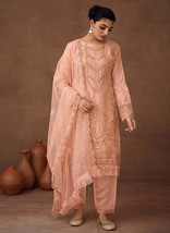 Beautiful Peach Designer Embroidered Organza Pant Suit - £58.07 GBP