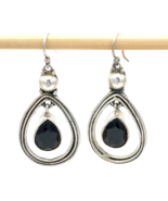 ONXY &amp; sterling silver teardrop dangled earrings - faceted black stone c... - £23.52 GBP