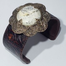 BARSE Tooled Leather 1.25&quot; Cuff Bracelet White Stone Set Gold Tone Metal... - £42.09 GBP