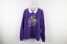 Vtg 90s Country Primitive Womens L Faded Alaska Wild Flowers Collared Sweatshirt - £38.66 GBP