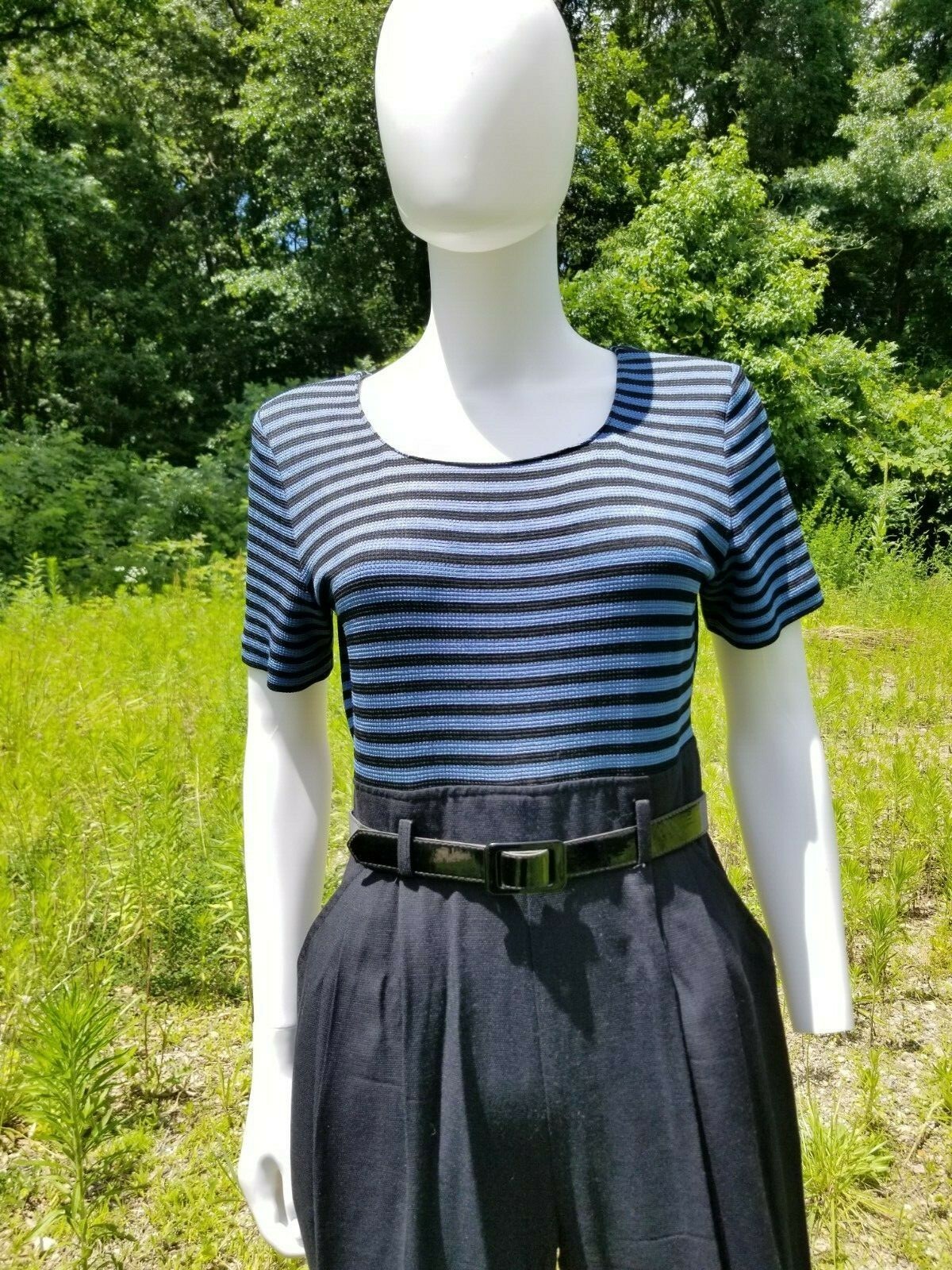 Vintage 90s Balck pant stripe top French nautical jumpsuit romper belted W28" Item image 4