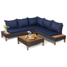 Patio 4PCS Rattan Furniture Set Cushioned Loveseat w/Wooden Side Table Navy - £537.88 GBP