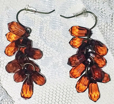 Topaz Colored Beaded Cluster Earrings   Hook Type 1 1/2&quot; Dangle   Pierced  - $9.59