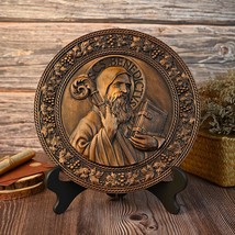 Round Saint Benedict Religious Icon, Natural Wood Carved Wall Decoration - £45.67 GBP+