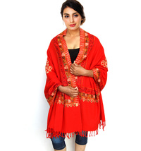 Women Kashmiri Red Stole Ethnic Paisley Flower Embroidered Wool Shawl Ca... - £61.76 GBP