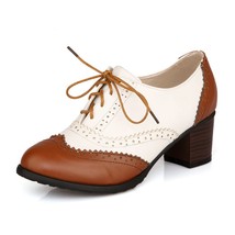 Womens Block Mid Heel Wingtip Oxfords Pumps Two Tone Perforated Lace Up Vintage  - £42.78 GBP