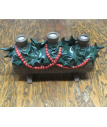 Vintage ceramic Christmas yule log with three candle holder slots winter... - $34.60