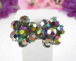 Dark Aurora Borealis Crystal BEAD EARRINGS Clip On Vintage Silvertone 1&quot;... - £14.97 GBP