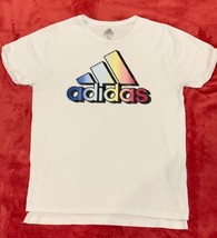 Adidas Shirt Youth Girls Medium 10-12 Logo Rainbow White Short Sleeve - £9.47 GBP