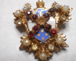 Enamel Heraldic Crest Faux Pearls Red White Rhinestones Vtg Unsigned Bro... - $29.70