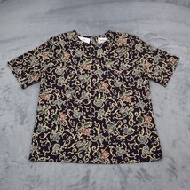 Worthington Shirt Womens M Black Floral Round Neck Short Sleeve Blouse - £17.78 GBP