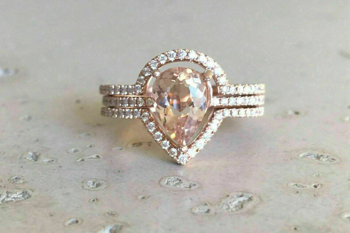 2Ct Pear Cut Morganite Diamond Bridal Halo Engagement Ring 14K Rose ...