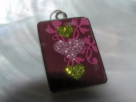 Estate Large Burgundy with Sparkly Green &amp; Pink Hearts Rectangle Silvertone Pend - £6.84 GBP
