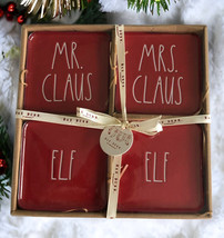 Rae Dunn Christmas Coaster Set Square Red Tiles Mr Claus Mrs Claus Elf Holiday - £32.79 GBP