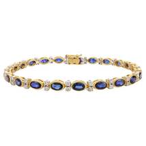 Handmade 6.91 CTW Blue Sapphire Diamond 18k Yellow Gold Wedding Tennis Bracelet - £4,108.41 GBP