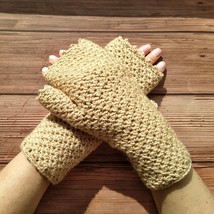 Beige Fingerless Gloves Women Cashmere Wool Winter Crochet Fingerless Mi... - $28.50+