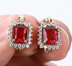 3Ct Emerald Cut CZ Red Garnet Diamond Halo Stud Earrings 14k Yellow Gold Finish - £88.15 GBP