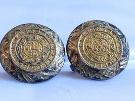 VTG Mayan Aztec Calendar 925 sterling silver goldtone Mexico screw clip earrings - £42.83 GBP