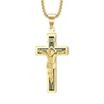 Men&#39;s Gold Jesus Christ Crucifix Cross Pendant Catholic Necklace Box Chain 24&quot; - £7.82 GBP