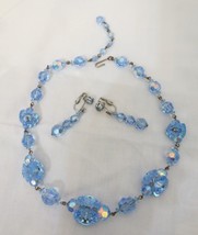 Vtg set Blue Flower Shaped Crystal clusters Necklace &amp; Dangle Earrings Sparkly - £35.35 GBP