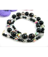 ART GLASS NECKLACE Black Coppertone AB Crystal Beads RS  Vintage Sterlin... - £29.22 GBP