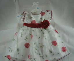 Girls Infant Dress Size 2T White With Roses And Red Waist Ribbon Brand New - £7.79 GBP