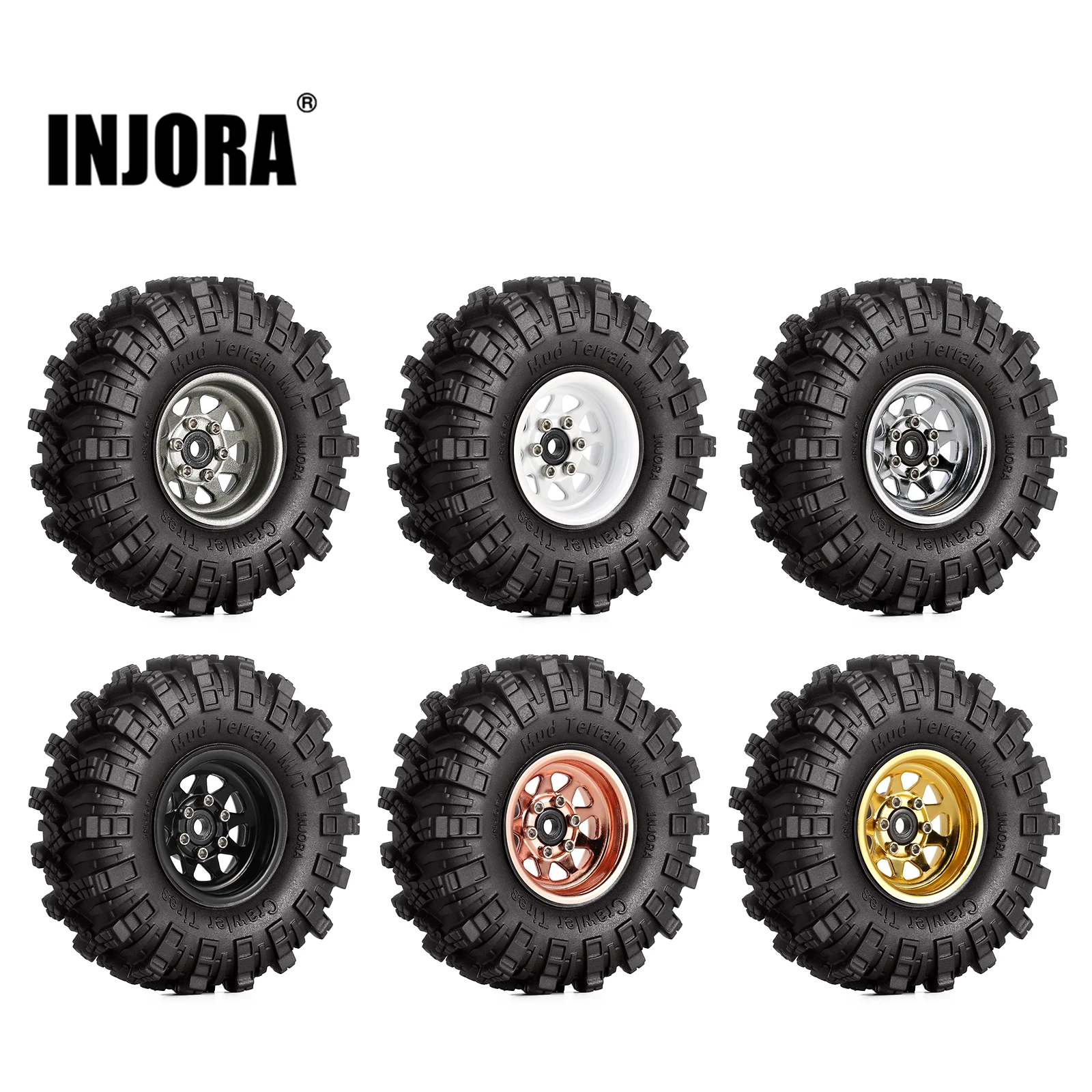 INJORA 1.0 Beadlock Wheel Mud Tires Set Deep Dish Negative Offset 3.78mm For RC  - £26.41 GBP