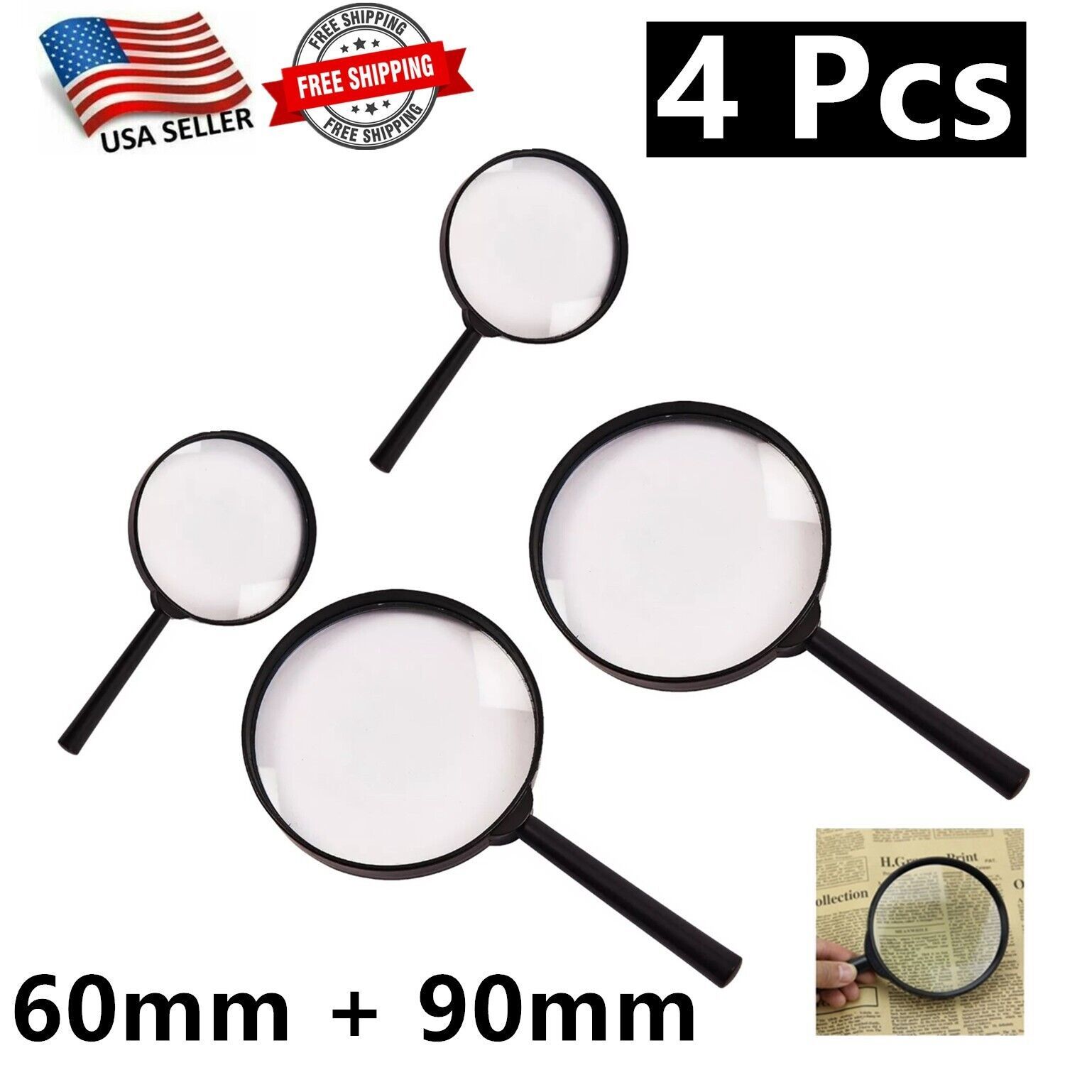 4 Pc 90mm and 60mm 3X Magnifying Glass Handheld Kids Seniors Reading Mag... - $9.89