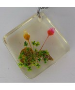 BOTANICAL KEYCHAIN PINK YELLOW FLOWERS GRN CLOVER SEASHELLS CLEAR SQUARE... - $9.99