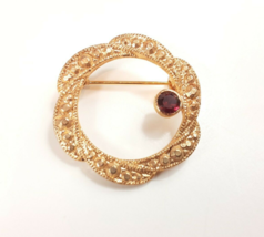 Vintage Gold Wreath Garnet Pin from 80s Lapel Brooch Holiday - $6.37