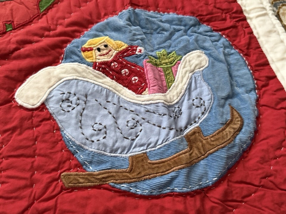 VTG Pottery Barn Kids Embroidered Velvet Christmas Santa Snowman Quilt 49x36” Item image 13