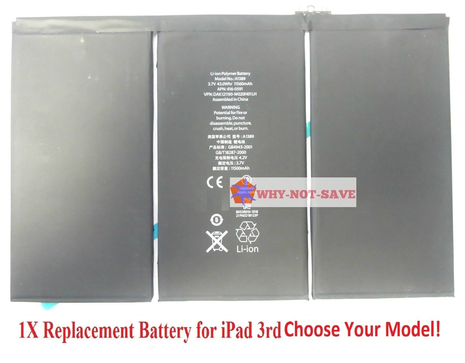 Replacement Internal Battery A1389 for All ipad 3g 3 3rd Gen 616-0591 616-0592 - £31.59 GBP