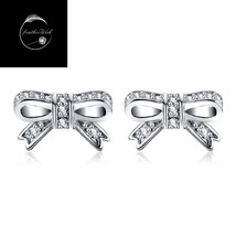 Genuine Sterling Silver 925 Bow Stud Earrings For Girls Women With Clear CZ - £14.72 GBP