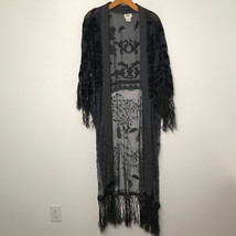 Mina Kimono Silk L Duster Long Sleeve Maxi Burnout Sheer Lace Fringe Gypsy - £92.86 GBP