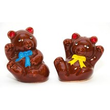 Salt &amp; Pepper Shakers Funny Teddy Bear Ceramic Brown with Bow Tie Vintage  - $9.41