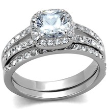 Women&#39;s Stainless Steel Cushion Cut Halo CZ Wedding Bridal Ring Set Size 5-10 - £71.61 GBP