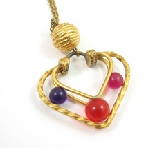 Caged Beads In Heart Necklace Vintage Pendant Goldtone Valentine&#39;s Day Lc Signed - £18.15 GBP
