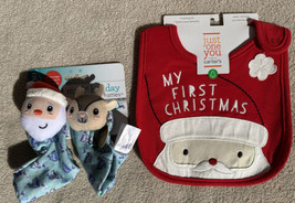 Carter&#39;s MY FIRST CHRISTMAS Red Bib &amp; Infantino Baby Socks Rattle Santa ... - £15.17 GBP