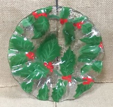 Signed Anne C Ross Holly Berries Fused Glass Bowl 6 1/2 Inches Christmas Holiday - £9.91 GBP