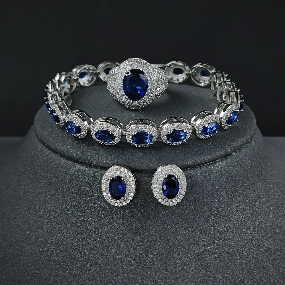 3pcs Pack Blue Color Bride Jewelry Set Halo Engagement Ring Round Stud E... - $33.38