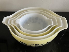 Pyrex Gooseberry Cinderella White &amp; Yellow Mixing Bowls 441; 442; 443; and 444 - £155.66 GBP