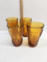 Set of 4 Vintage Amber Carnival Glass Harvest Grape Cup Drinking Glasses 5 3/4&quot; - £19.17 GBP