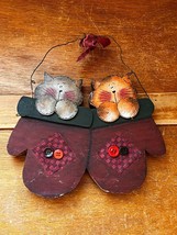 Large Two kittens in Red &amp; Green Mittens Painted Wood Christmas Tree Ornament – - £6.86 GBP